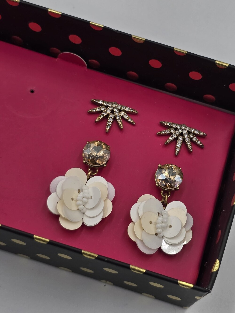 J. Crew 2-Pair Earring Set Crystal Sunburst & Sequin Flower Drop Gold Tone New